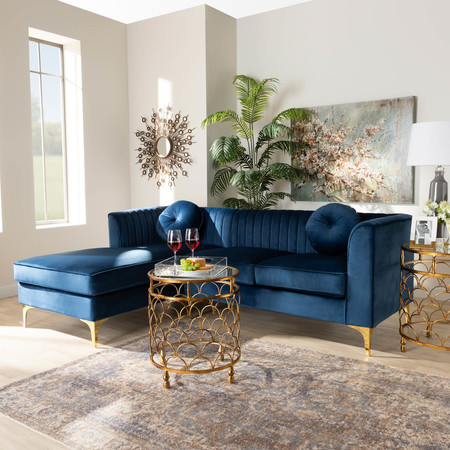 Baxton Studio Giselle Blue Velvet Gold Finished Left Facing Sectional with Chaise 159-9869